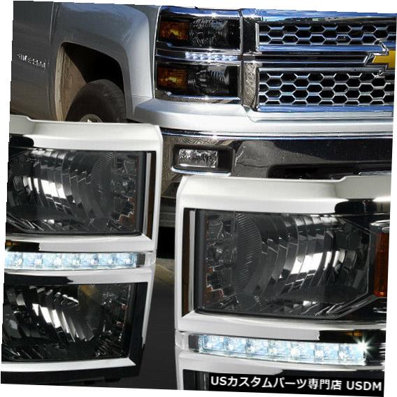 ヘッドライト Fits 2014-2015 Chevy Silverado<LED DRL>Chrome/Smoke Amber Corner Headlight Lamp 【並行輸入品】