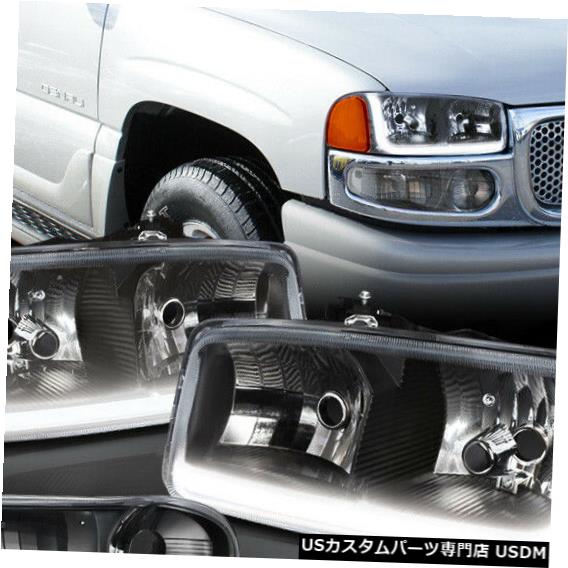 ヘッドライト Fits 2001-2007 Sierra/Yukon Denali<LED L-BAR>Black/Clear/Amber Headlight+Bumper 【並行輸入品】