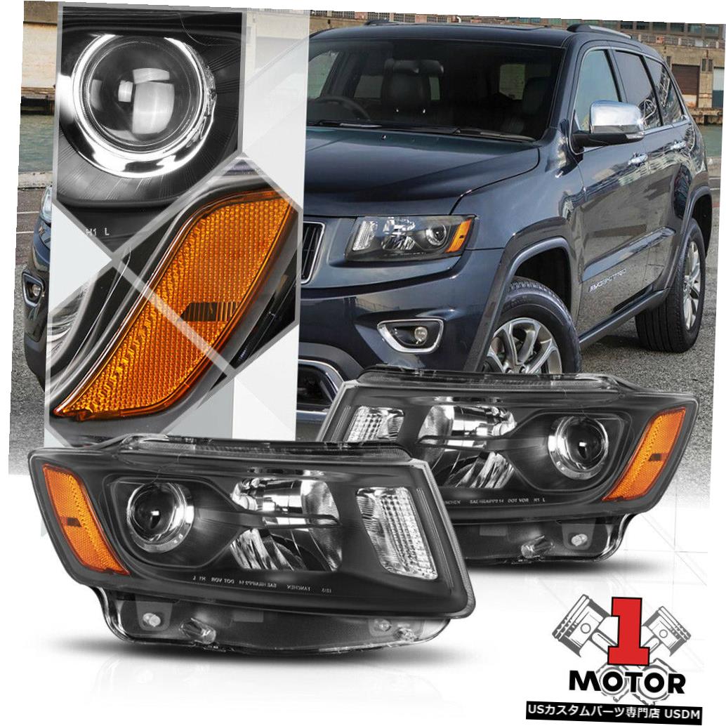 ヘッドライト 14-16ジープグランドチェロキーWK2用ブラック/クリアプロジェクターヘッドライトアンバーコーナー Black/Clear Projector Headlight Amber Coner for 14-16 Jeep Grand Cherokee WK2 【並行輸入品】