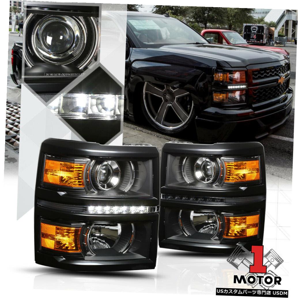 ヘッドライト 14-15シボレーシルバラード用ブラック/クロームプロジェクターヘッドライトLED DRL Signal信号 Black/Chrome Projector Headlight LED DRL Amber Signal for 14-15 Chevy Silverado 【並行輸入品】