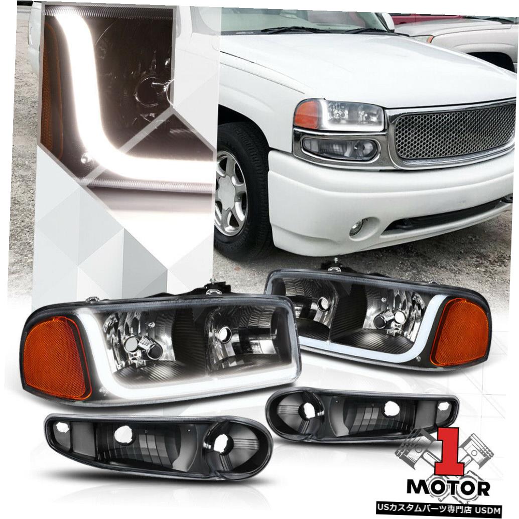 ヘッドライト 01-07 GMCシエラ/ユーコンデナリ用ブラックハウジングヘッドライトアンバーシグナルLED DRL Black Housing Headlight Amber Signal LED DRL for 01-07 GMC Sierra/Yukon Denali 【並行輸入品】