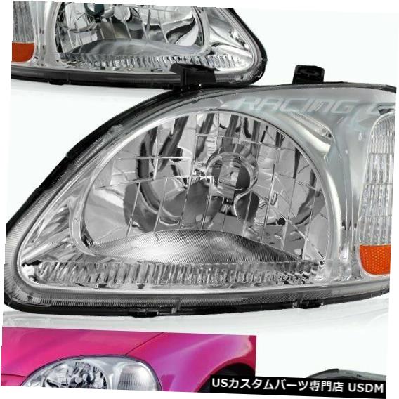 Headlight クロームハウジングヘッドライトW /アンバーリフレクターランプフィット96-98ホンダシビックペア CHROME HOUSING HEAD LIGHTS W/AMBER REFLECTOR LAMPS FIT 96-98 HONDA CIVIC PAIR 【並行輸入品】