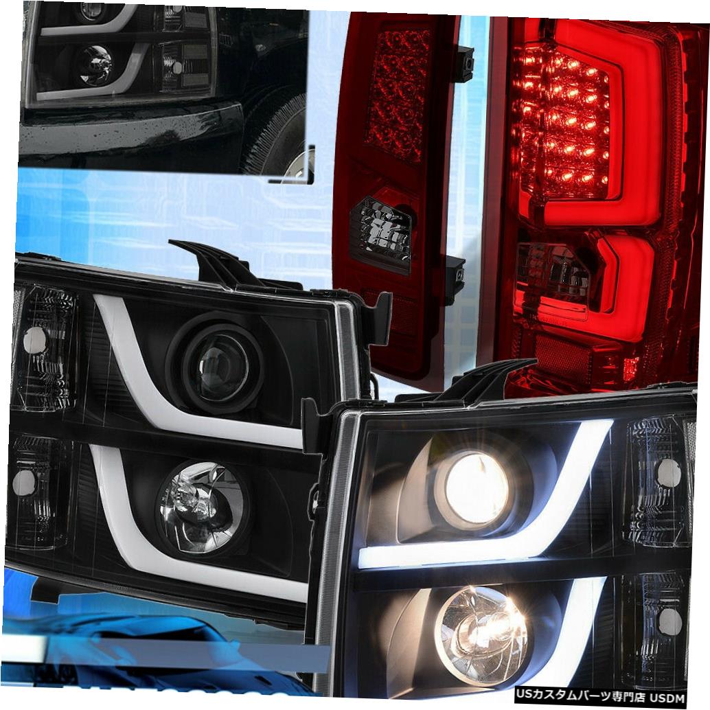 テールライト 07-13シルバラードLEDブラックヘッドライト+スモークレッドLedチューブテールライトランプ用 For 07-13 Silverado Led Black Headlights + Smoked Red Led Tube Tail Lights Lamps 【並行輸入品】
