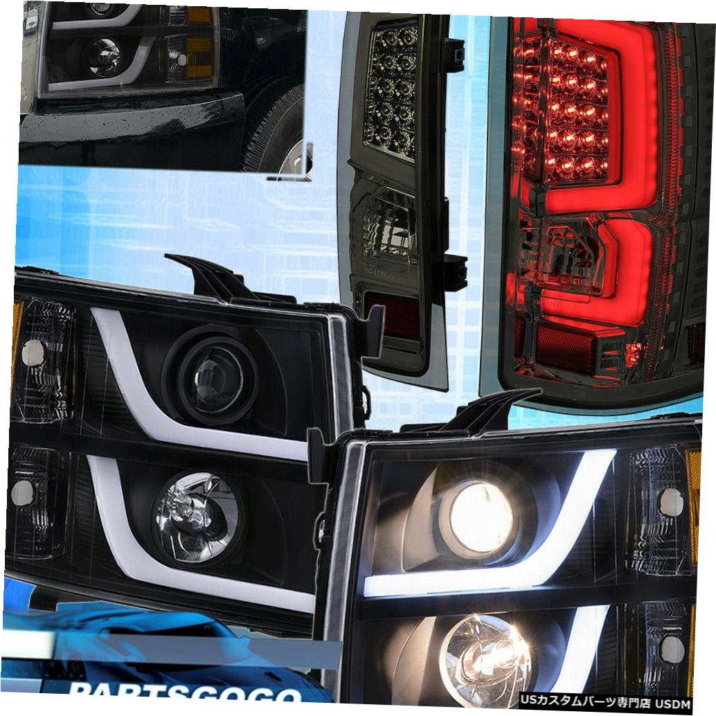 テールライト 07-13シェビーシルバラードLed Drlブラックヘッドライト+スモークティンテッドテールライト用 For 07-13 Chevy Silverado Led Drl Black Headlights + Smoked Tinted Tail Lights 【並行輸入品】