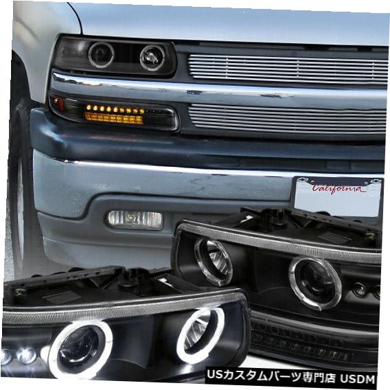 Headlight 99-02 SilveradoブラックデュアルHaloプロジェクターヘッドライト+ LEDバンパーライトランプ用 For 99-02 Silverado Black Dual Halo Projector Headlights+LED Bumper Lights Lamps 【並行輸入品】