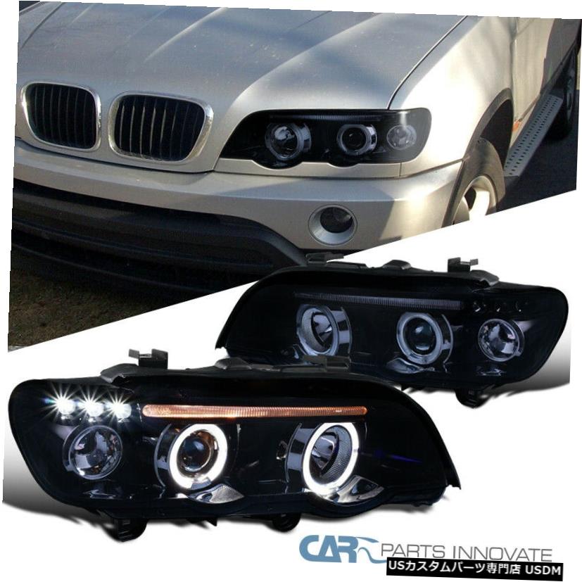 Headlight 01-03 BMW E53 X5 Halo光沢のある黒いプロジェクターヘッドライトヘッドランプ左+右 For 01-03 BMW E53 X5 Halo Glossy Black Projector Headlights Headlamps Left+Right 【並行輸入品】