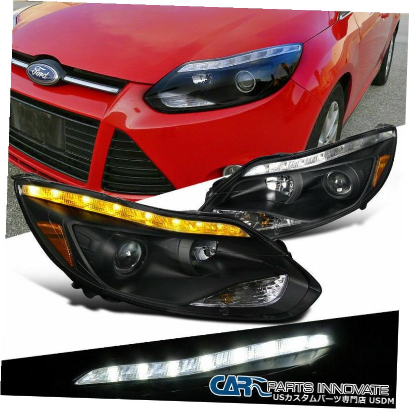 Headlight 12-14フォードフォーカスブラックプロジェクターヘッドライトランプ+ LED信号ストリップ左+右 12-14 Ford Focus Black Projector Headlights Lamps+LED Signal Strip Left+Right 【並行輸入品】