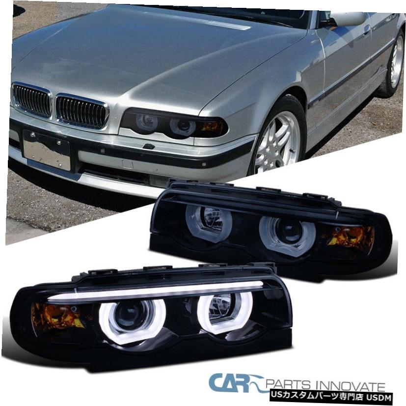 Headlight フィット95-01 BMW E38 7シリーズ光沢のあるブラックLEDアイスハロープロジェクターヘッドライトランプ Fit 95-01 BMW E38 7-Series Glossy Black LED Iced Halo Projector Headlights Lamps 【並行輸入品】