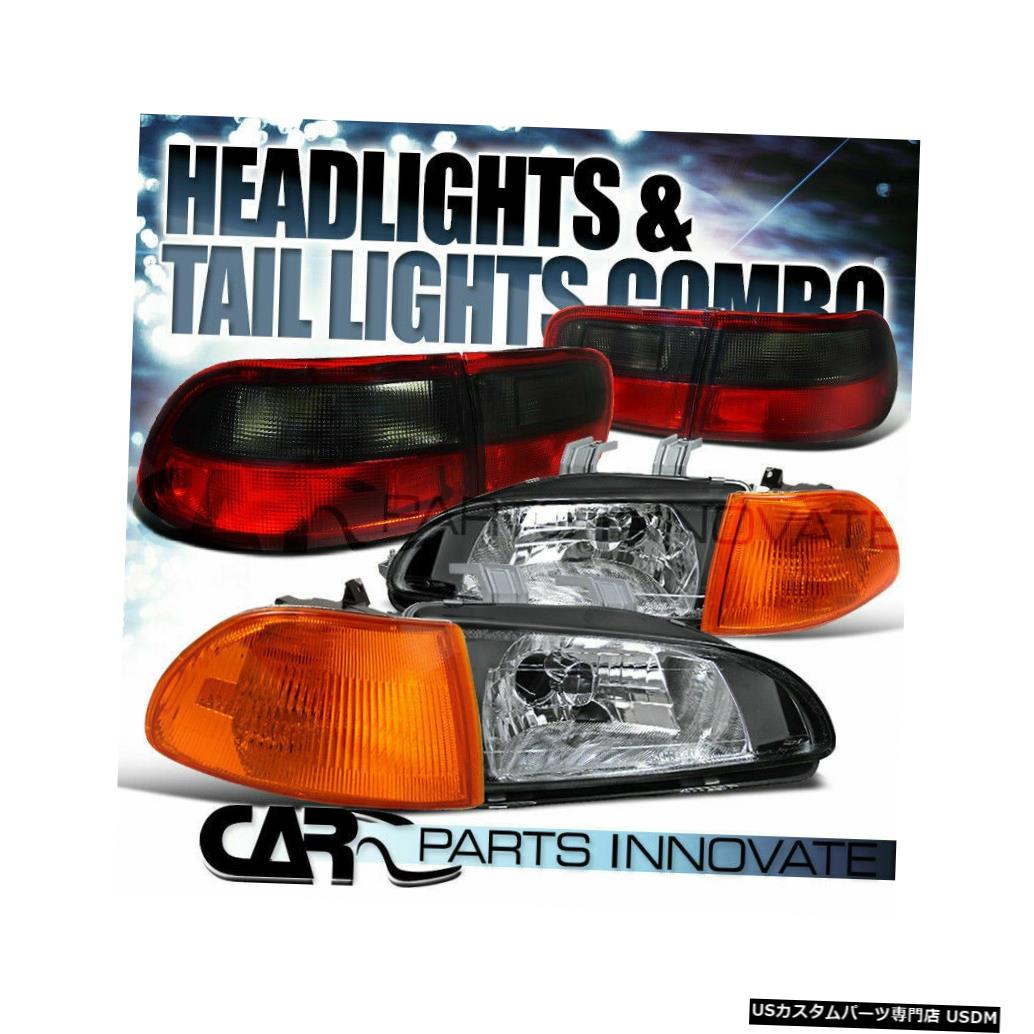 Tail light フィット92-95シビック4Drクリスタルブラックヘッドライト+アンバーコーナーランプ+スモークテールライト Fit 92-95 Civic 4Dr Crystal Black Headlight+Amber Corner Lamps+Smoke Tail Light 【並行輸入品】