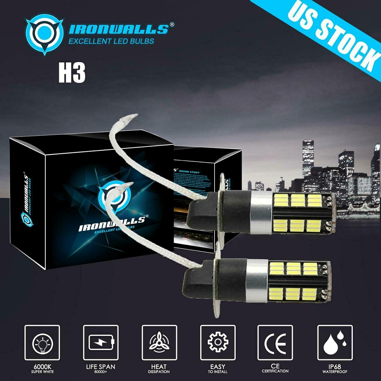 2倍IRONWALLS H3 100WカーLED HIDフォグライトランプ電球キット6000Kホワイト 2x IRONWALLS H3 100W Car LED HID Fog Light Lamp Bulbs Kit 6000K White 【並行輸入品】
