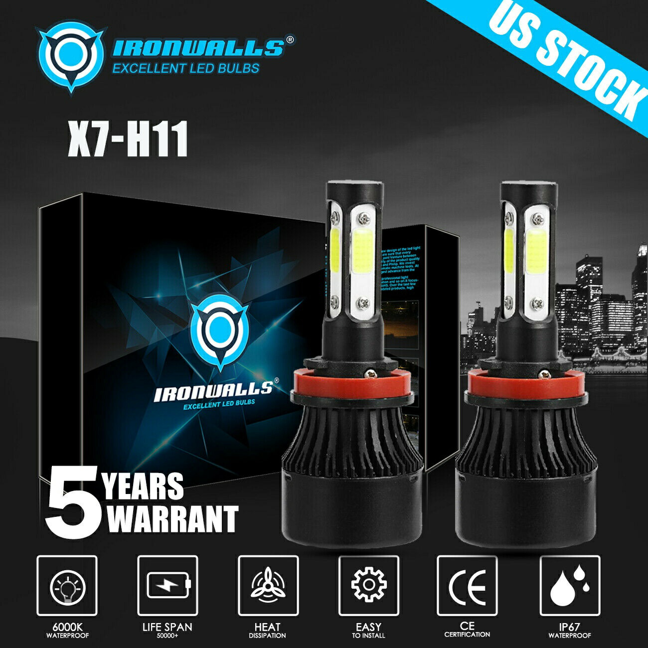 4面H11 LEDヘッドライトハイまたはロービーム電球2400W 360000LM 6000Kホワイト2個 4 Sides H11 LED Headlight High or Low Beam Bulbs 2400W 360000LM 6000K White 2Pcs 【並行輸入品】