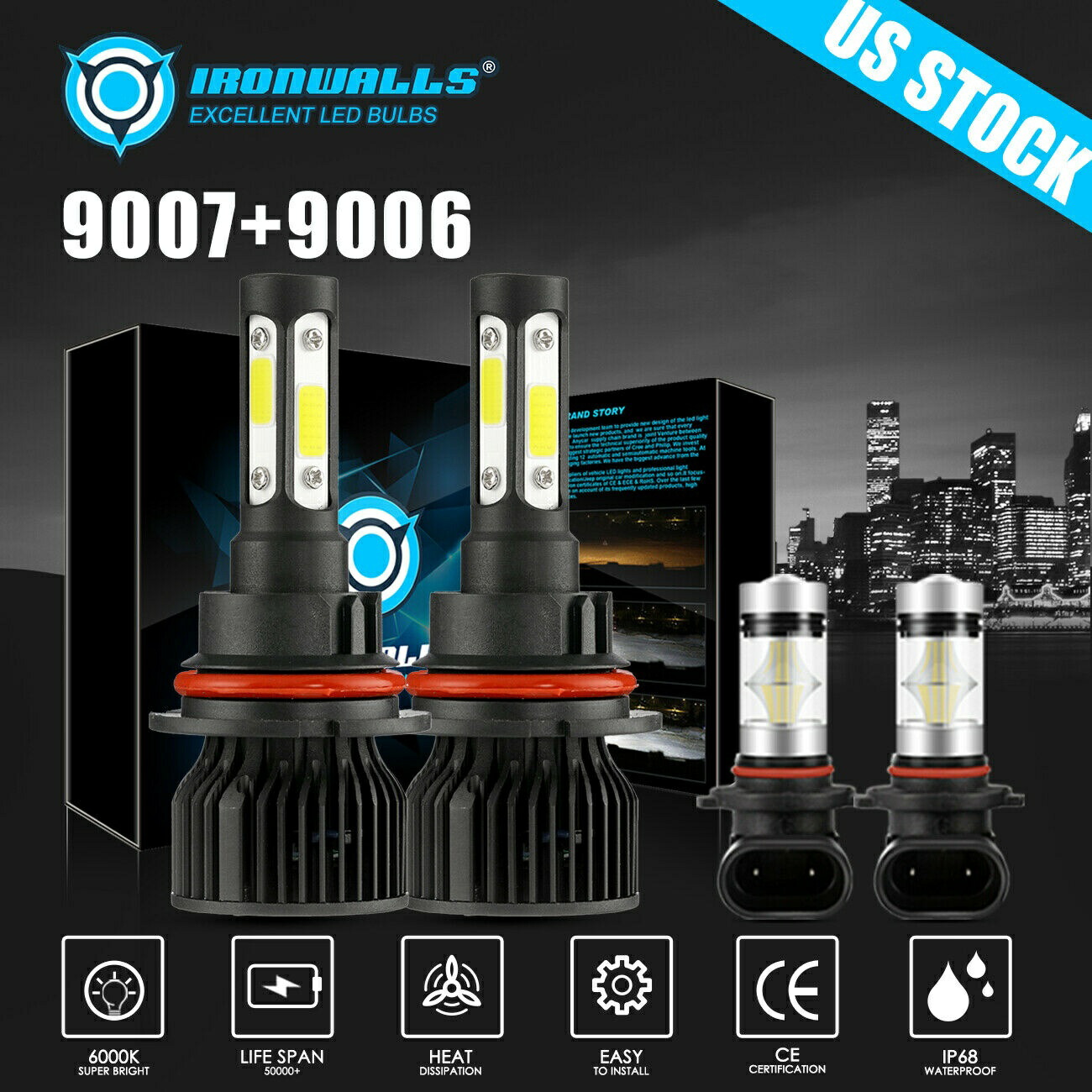 4面9007個のLEDヘッドライト電球高いロービーム+ 9006フォグランプ6000Kホワイト4X 4 Sides 9007 LED Headlights Bulbs High Low Beam + 9006 Fog Lights 6000K White 4x 【並行輸入品】
