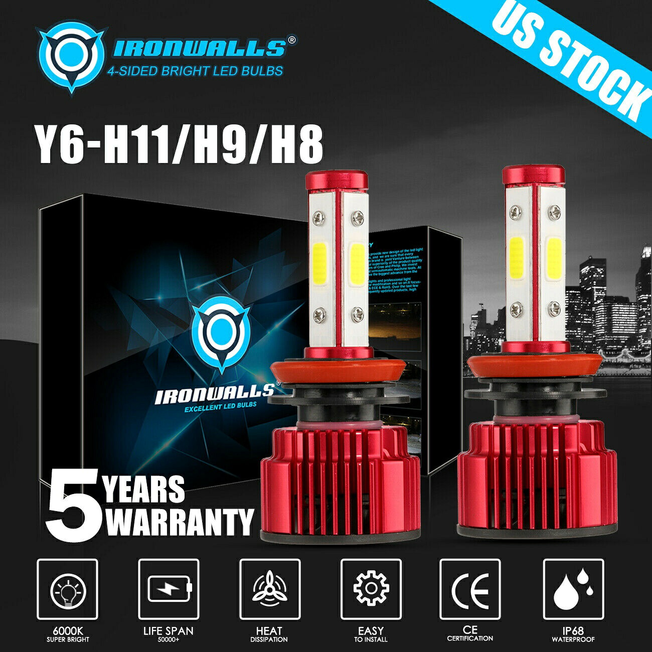 4面LEDヘッドライトH11 H8 H9 6Kホワイトフォグランプの電球明るいハイまたはロービーム 4 Sides LED Headlight H11 H8 H9 6K White Fog Light Bulbs Bright High or Low Beam 【並行輸入品】