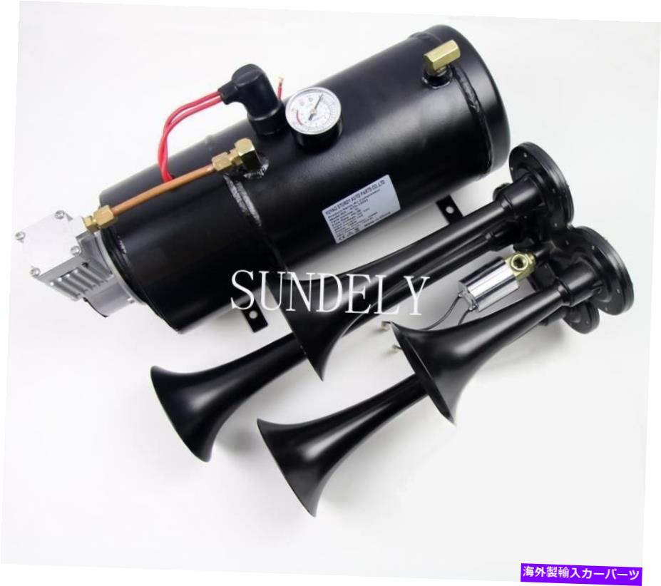 Train Horn クワッド4エアトレインホーンキット半トラックボートBLACKホルン+ 150 PSIコンプレッサー12V Quad 4 Air Train Horn Kit Semi Truck Boat BLACK Horns + 150 PSI Compressor 12v 【並行輸入品】
