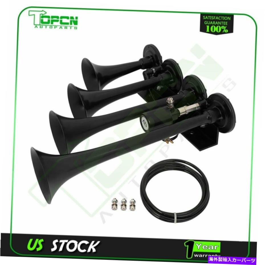Train Horn 電車エアホーンクワッド/ 4トランペットW /ソレノイドブラックについてはトラックの車SUV 135デシベル12V Train Air Horn Quad/4 Trumpets W/ Solenoid Black For Truck Car SUV 135dB 12v 【並行輸入品】