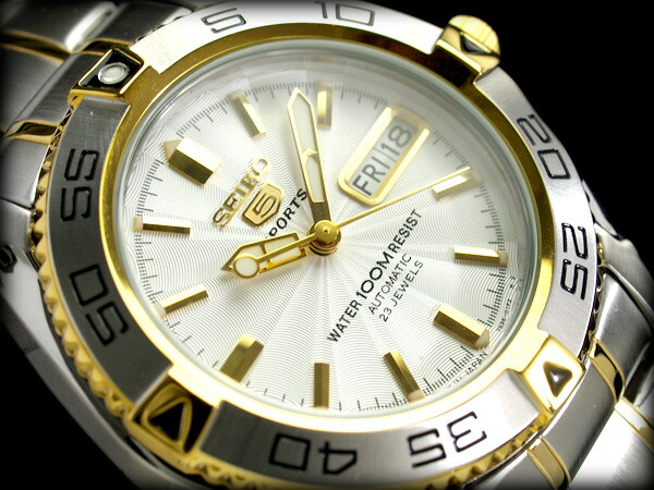楽天市場 日本製逆輸入seiko5sports セイコー5メンズ自動巻き腕時計 ギョーシエシルバーダイアル シルバー ゴールドコンビステンレスベルト Snzb24j1 セイコー時計専門店 スリーエス