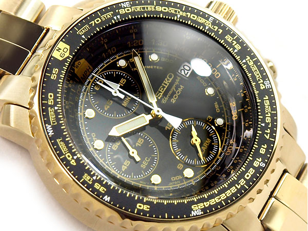 楽天市場 逆輸入 Seiko セイコー クォーツ パイロットアラームクロノグラフ メンズ腕時計 ゴールド ブラックダイアル ゴールドステンレス Sna414p1 セイコー時計専門店 スリーエス
