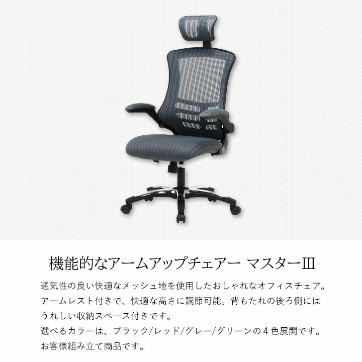 マスター チェア アームアップチェア ブラック オフィス 椅子 オフィスチェア ヘッドレスト ポケット 収納 メッシュ 通気性 快適 キャスター ブラック アームレスト 椅子 レッド グリーン グレー 組立て 送料無料 アームアップチェア マスター Fbc 幅66ｘ奥行73 5ｘ高