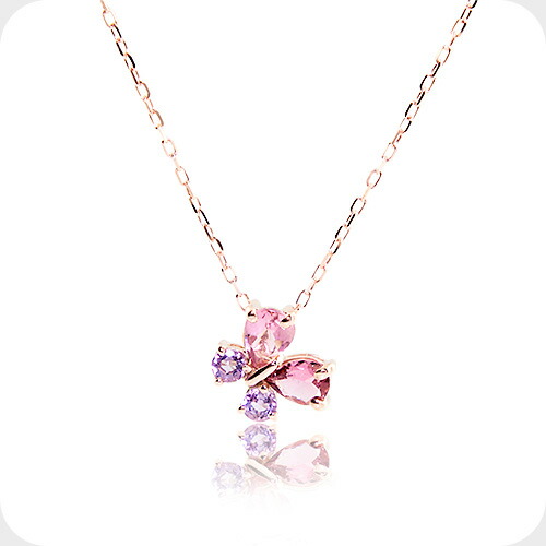 18KWG 3P ピンク トルマリン蝶モチーフ ネックレス 18KWG 3P ピンク