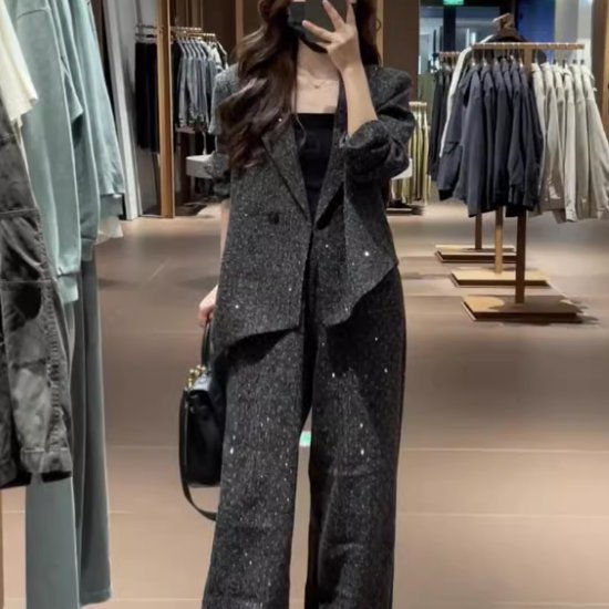 セットアップ レディース パンツスーツ 2点セット ツーピース ジャケット 羽織 長袖 襟あり ロングパンツ ワイドパンツ ハイウエスト スタイリッシュ ラメ きらきら きれいめ エレガント お呼ばれ
