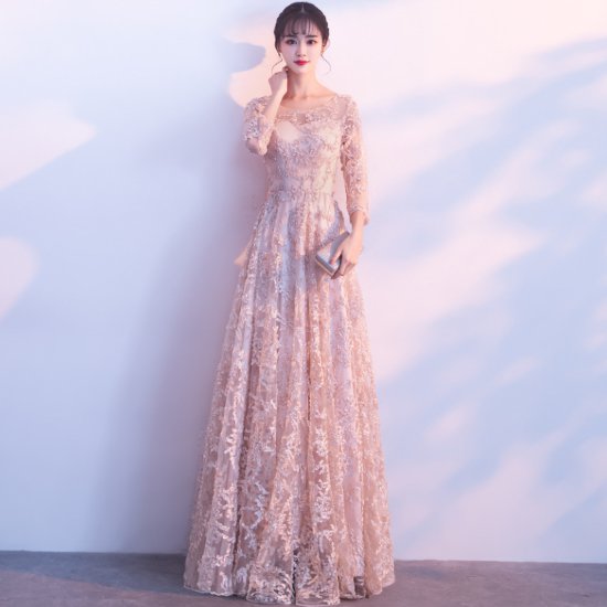 演奏会ドレス レディース 結婚式ドレス パーティー ロングドレス ワンピース ハイウエスト ラウンドネック 七分袖 装飾 華やか きれいめ エレガント お呼ばれ フォーマル フレアスカート 女性