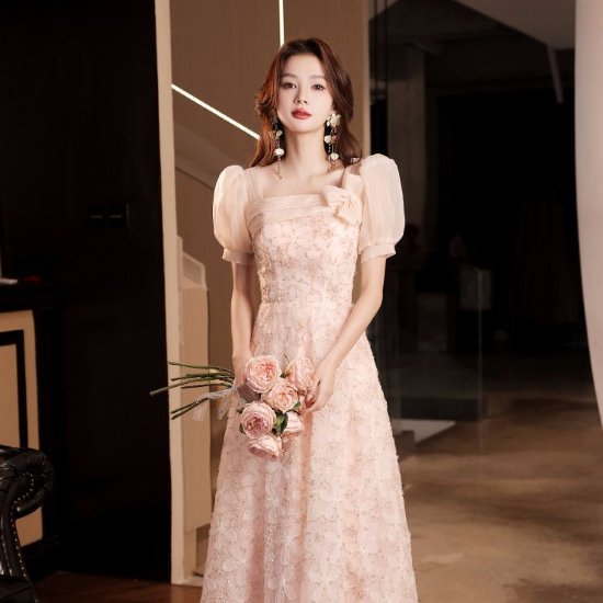 パーティードレス レディース 結婚式ドレス 演奏会ドレス ロング ワンピース パフスリーブ フェミニン ハイウエスト スクエアネック フラワーモチーフ きれいめ エレガント お呼ばれ フォーマル 8,027円