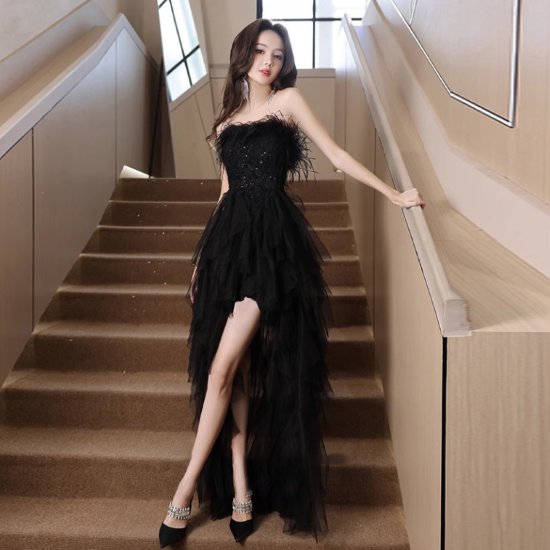 パーティードレス レディース 結婚式ドレス ロングドレス 演奏会ドレス チューブトップ フェザー ティアードスカート アシンメトリー メッシュ きれいめ エレガント お呼ばれ フォーマル ファッション