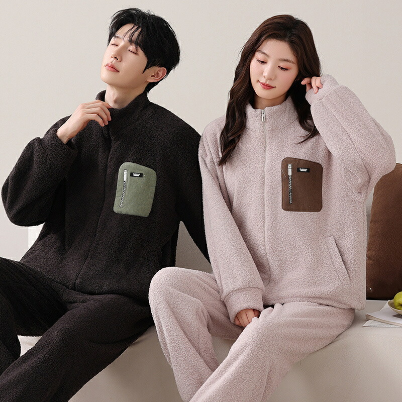 ペアパジャマ もこもこ 冬 男女2着 セット 厚手 防寒 セットアップ カップル パジャマ ルームウェア フランネル 高級 スタンド襟 シンプル おしゃれ ペア 長袖 前開き レディース 夫婦 メンズ 上下セット 秋 結婚祝い プレゼント お祝い お揃い ギフト 部屋着