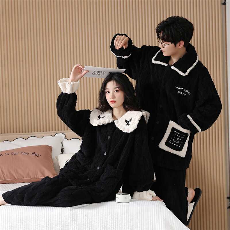 ペアパジャマ もこもこ 冬 男女2着 セット リボン 暖かい 柔らかい 厚手 防寒 冬 裏起毛 カップル パジャマ 2点セット フランネル おしゃれ カップル ペア ルームウェア 長袖 前開き パジャマ レディース 夫婦 ペア パジャマ モコモコ メンズ 上下セット 秋 結婚祝い