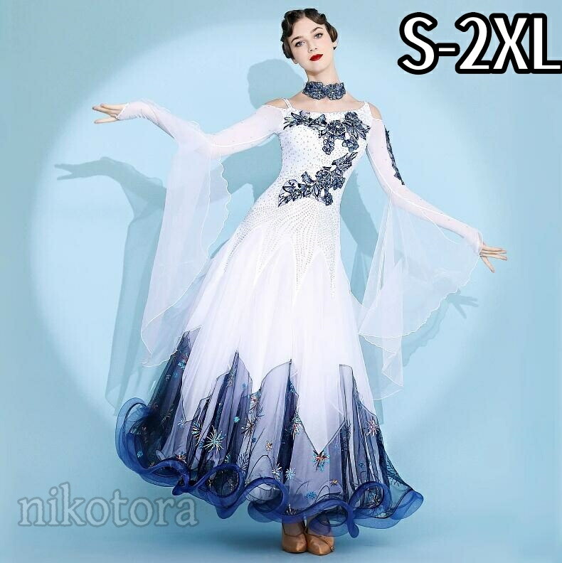 社交ダンス モダンドレス 衣装 高級感 上品 ワンピース 大きい裾 花柄 長袖 ダンスドレス スタンダード タンゴ サンバ 社交ダンス ルンバ ドレス ラテン社交ダンス練習着 競技 演出用 デモ用 ステージ衣装 パーティー イベント ダンス発表会ドレス 白色 首飾り付き
