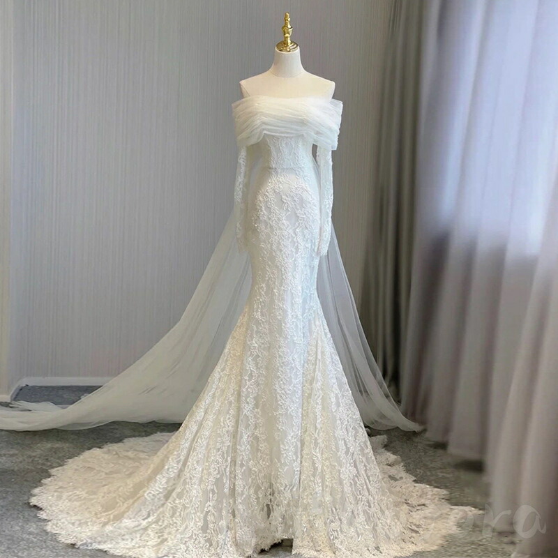 レディース ドレス パーティードレス イブニングドレス ウェディングドレス フォーマル ロングドレス マキシ丈 トレーンドレス 結婚式 花嫁ドレス タイト マーメイドドレス レース切り替え ノースリーブ キレイめ お呼ばれ 披露宴 二次会 ブライダル 高級感 上品