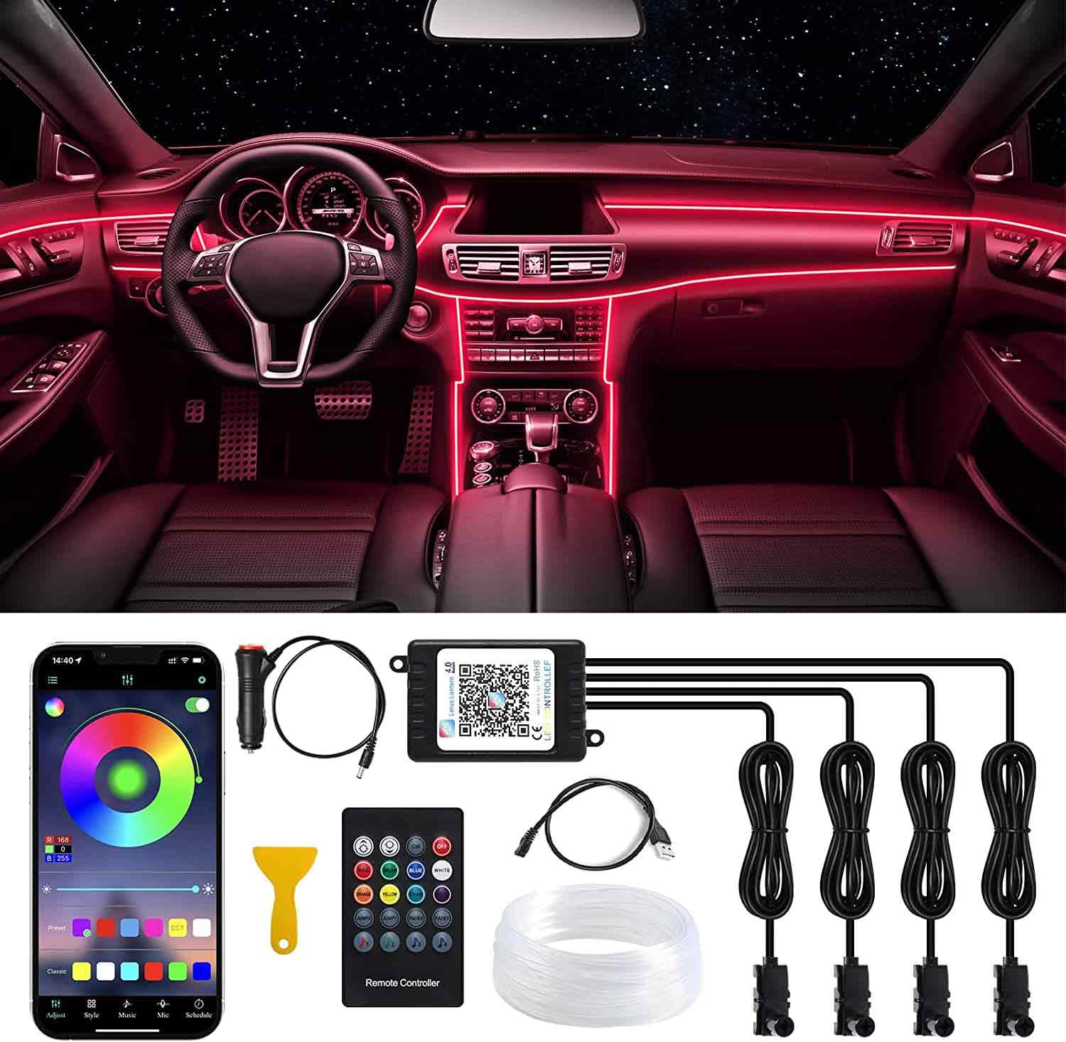 アンビエントライト 車 LED磁気テープ RGB 4IN1 RGB USB式/葉巻きタバコ式 高明快さ 佇まい 車内かざり付ける フッ加留多 室内装飾 計り知れない調色 無座標軸調光 音による色変わり 大きさ合わせる能力のある スマホアプリコントロール 6米突