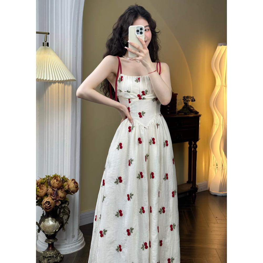 フレンチプリントのロングスカート、早春ウエストバックレスドレス、夏の海辺の休日の妖精ファッションドレス、女性用