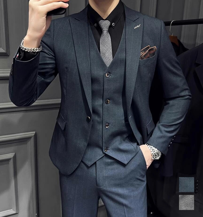結婚式スーツ シングルスーツ セットアップ ジャケット+パンツ+ベスト 3ピーススーツ 通勤 披露宴 成人式 フォーマルスーツ 紳士服 スリムスーツ メンズスーツセット ビジネススーツ スリー|正申R