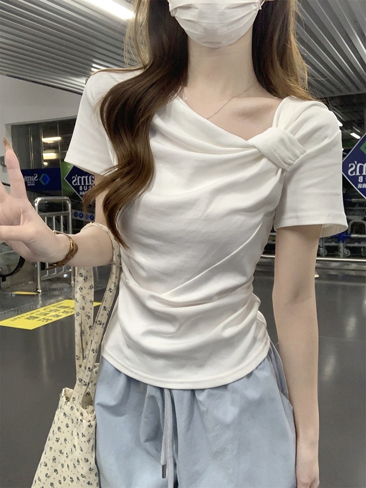 春夏トップス 半袖 Tシャツ レイヤード風 ショート丈 着痩せスリムかわいいフレンチセクシーラウンドネックおしゃれスリーブカジュアルコーデファッション系レディースお出かけ