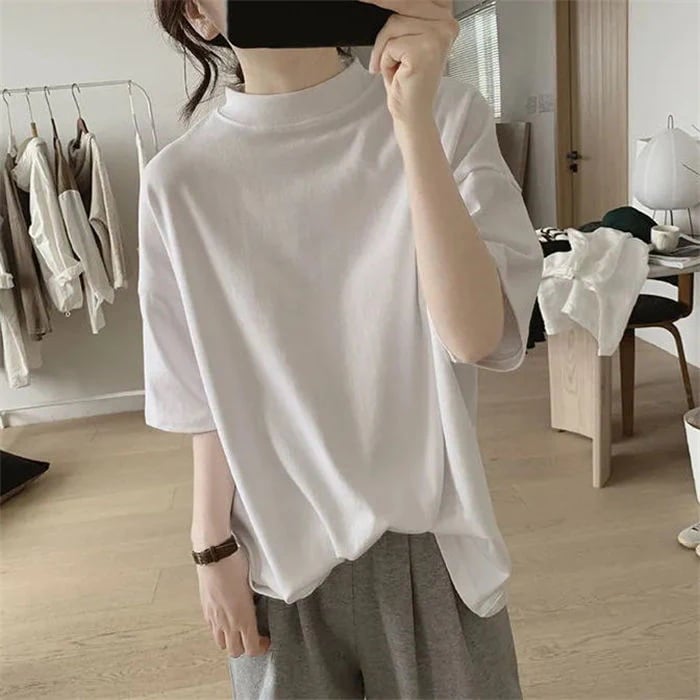 Tシャツ レディース ハイネック 半袖 春 夏 カットソートップス ティーシャツ ドロップショルダー Tシャツ 半袖tシャツ 綿 コットン ゆったり 大きいサイズ 無地 おしゃれ 体型カバー ゆったり