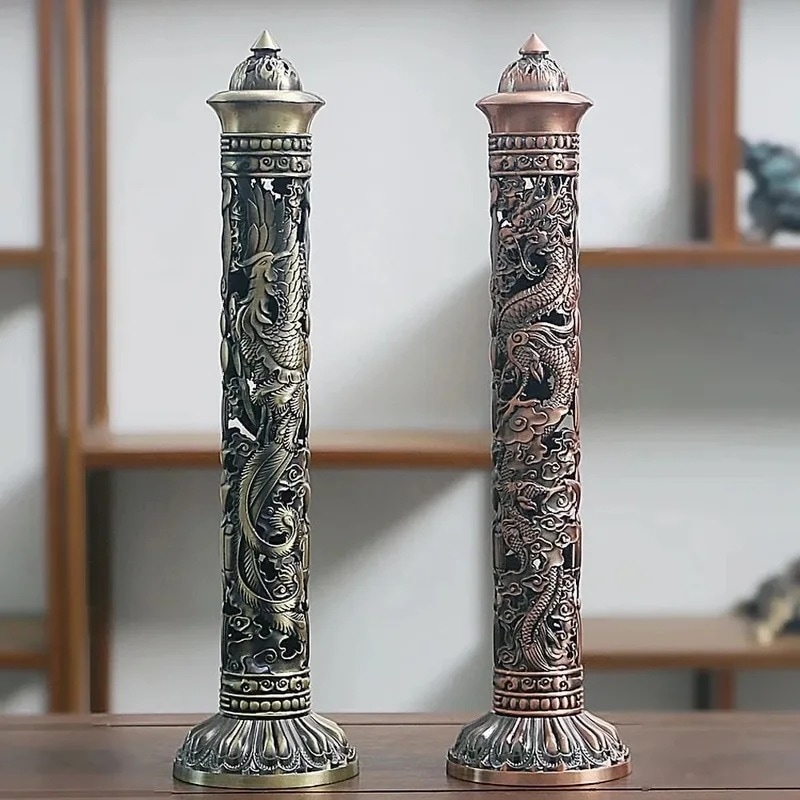 垂直香炉スティックホルダー レトロな柱 ヴィンテージの柱 buddha ハート ヘラ ドラゴン フェニックス 伝統的な装飾|正申R