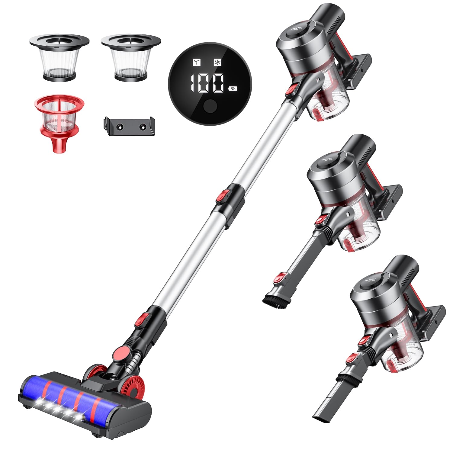 コードレス コードレス掃除機 LCD液晶ディスプレイ サイクロン 掃除機 スティッククリーナー ハンディクリーナー電気掃除機 左右180°上下90°回転 フィルター 多重濾過 LEDライト5つ付 着脱式バッテリー 伸縮型パイプ 強弱2段階モード 壁掛けブラケット;アダプター付き