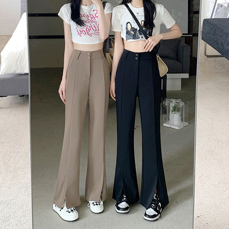 パンツ モップパンツ ロングパンツ ワイド ハイウエスト 脚長効果 美脚効果 細見え 夏 カジュアルフィット かわいい 韓国系ファッションサイド レディース お出かけ