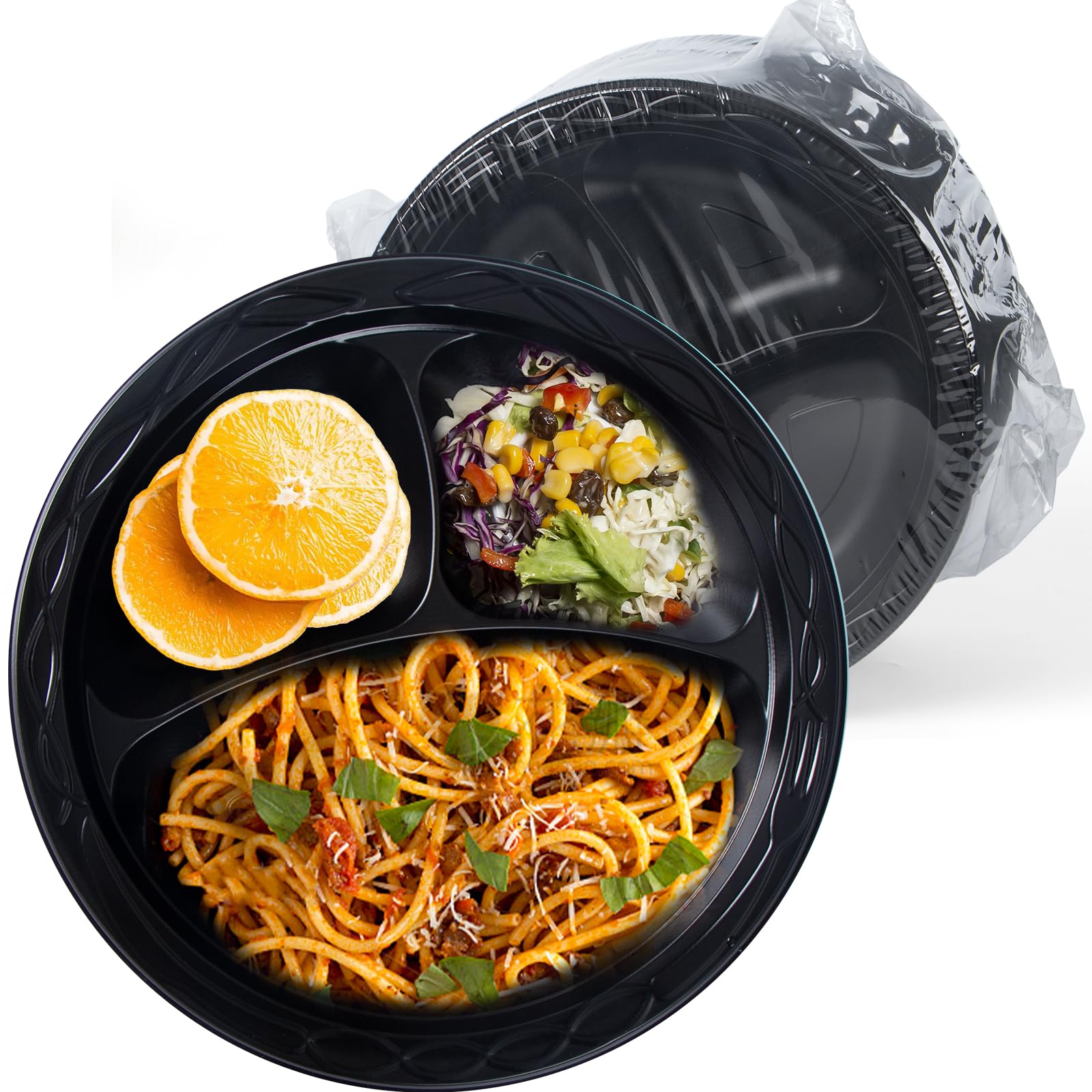 再利用可能なプラスチックプレート、150枚、パーティー、バーベキュー用の9インチ使い捨てディナープレート、3つのコンパートメント、洗濯機で洗える、安全、ブラック|正申R