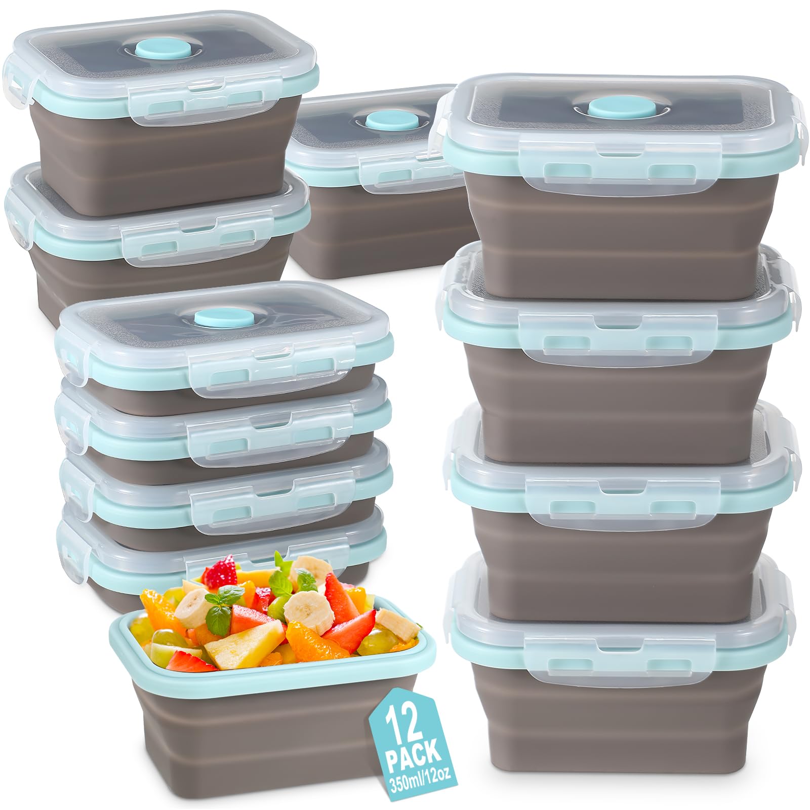 12オンス折りたたみ式シリコン食品保存容器12個セット、透明蓋付き折りたたみ式正方形食事準備容器、通気性、冷凍庫、電子レンジ、食器洗い機対応（ブルーグレー）