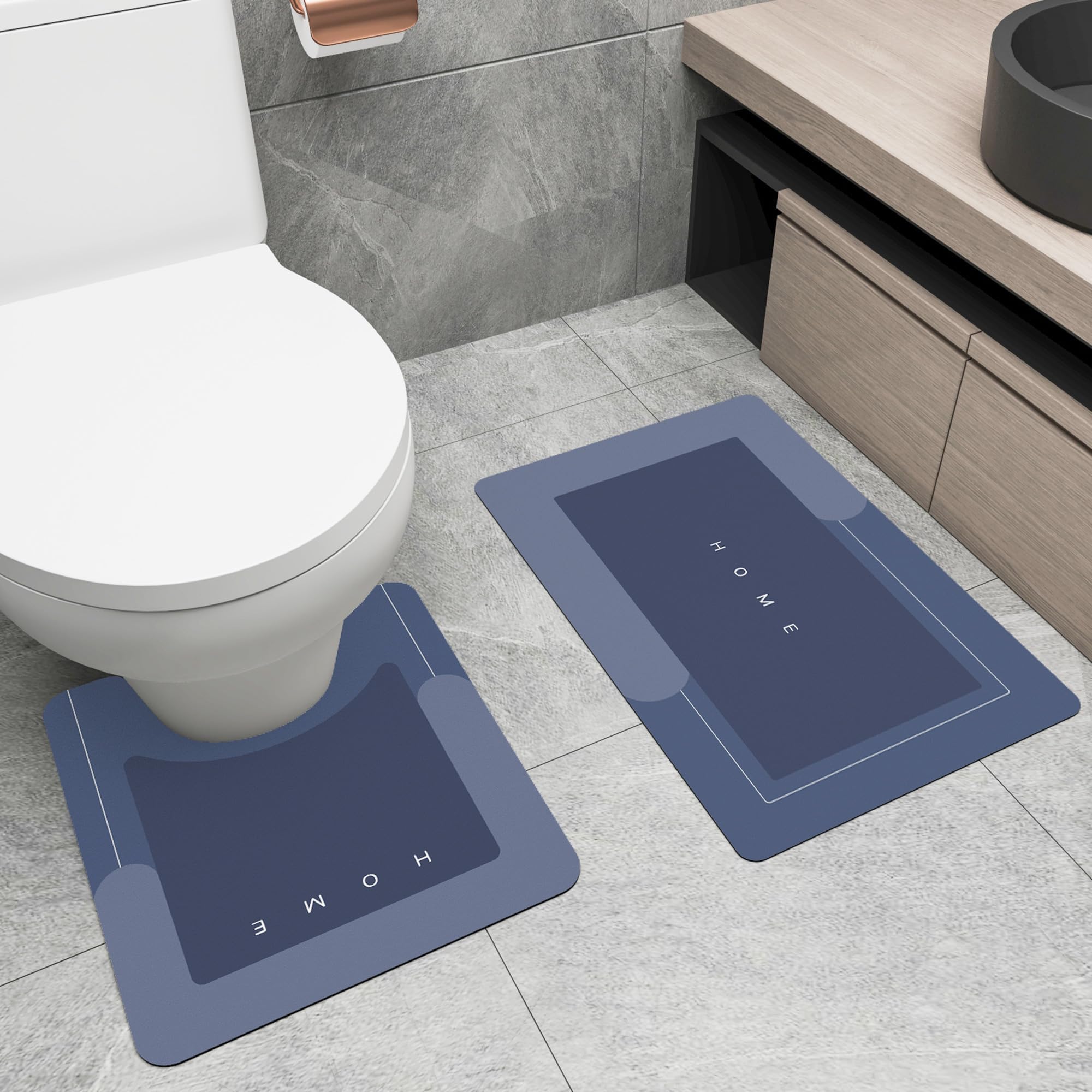 吸収性バスルームマットセット 滑り止め 速乾性 トイレマット U字型 ゴム裏地 バスマット 浴槽 シャワー 浴室用 19.7インチ x 31.5インチ + 19.7インチ x 23.6インチ ブルー