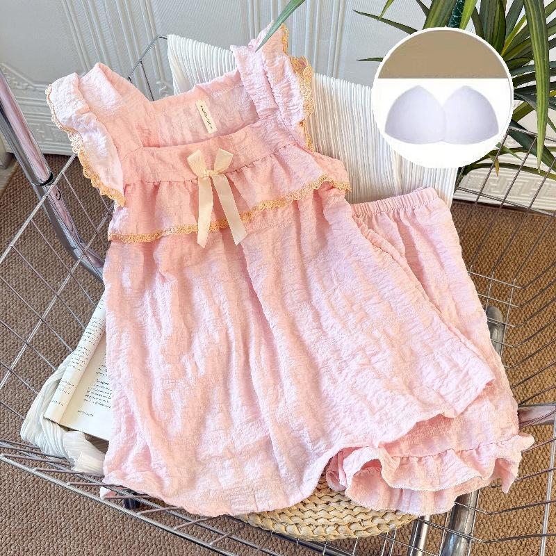 坦坦たる/新型パジャマ レディース 夏 冷やりとした お座敷御召しもの トップス+ズボン下セットアップ 上下2点書き割り 寝巻き ナイト爵御召しもの 着心地 お座敷着 フレンチ衣袂