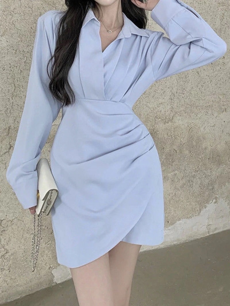 高品質新入 シャツワンピース女性服不規則ウエスト長袖短いスカート2024春優しいお尻スカート