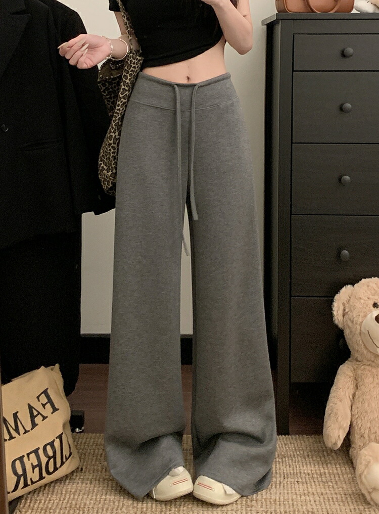 春夏 パンツロング丈 ハイウエストゆったりストレートモップパンツウエストゴム 脚長効果美脚効果細見え春カジュアル 黒白韓国系ファッションレディースサイドお出かけおしゃれ かわいい衣装トラック