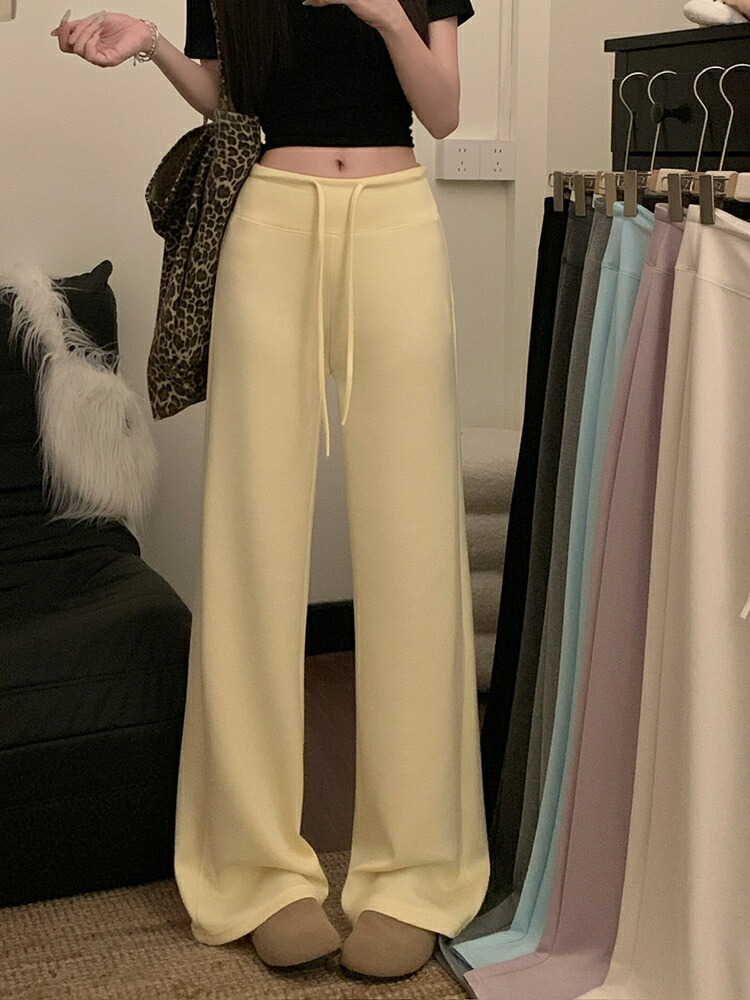 春夏 パンツロング丈 ハイウエストゆったりストレートモップパンツウエストゴム 脚長効果美脚効果細見え春カジュアル 黒白韓国系ファッションレディースサイドお出かけおしゃれ かわいい衣装トラック