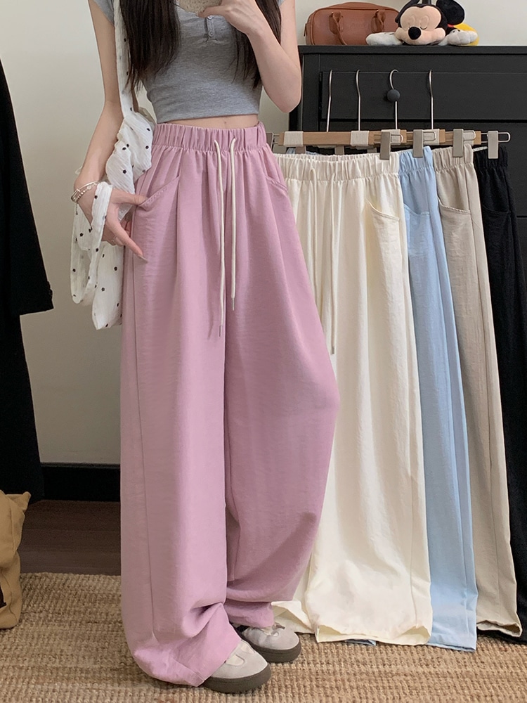春夏 パンツロング丈 ハイウエストゆったりストレートモップパンツウエストゴム 脚長効果美脚効果細見え春カジュアル 韓国系ファッションレディースサイドお出かけおしゃれ かわいい衣装トラック