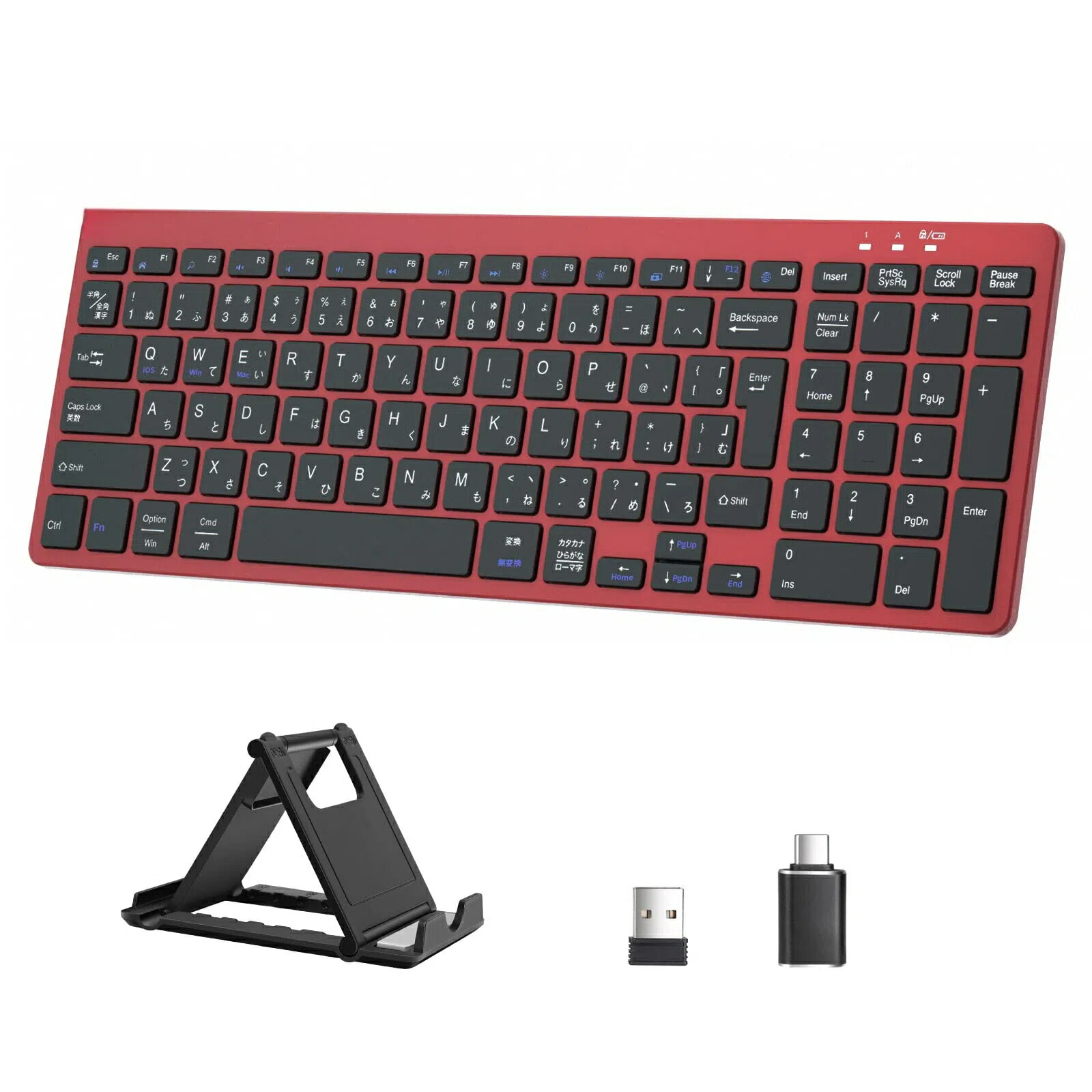 キーボード ワイヤレス 無線 2.4GHz スタンド付きパンタグラフ Type-C?USB-A変換アダプタ付き テンキー付き ノートパソコン 超薄型 USB簡単接続 レシーバー付属 オートスリープ機能搭載 省エネ テレワーク リモートワーク 日本語説明書 赤ブラック