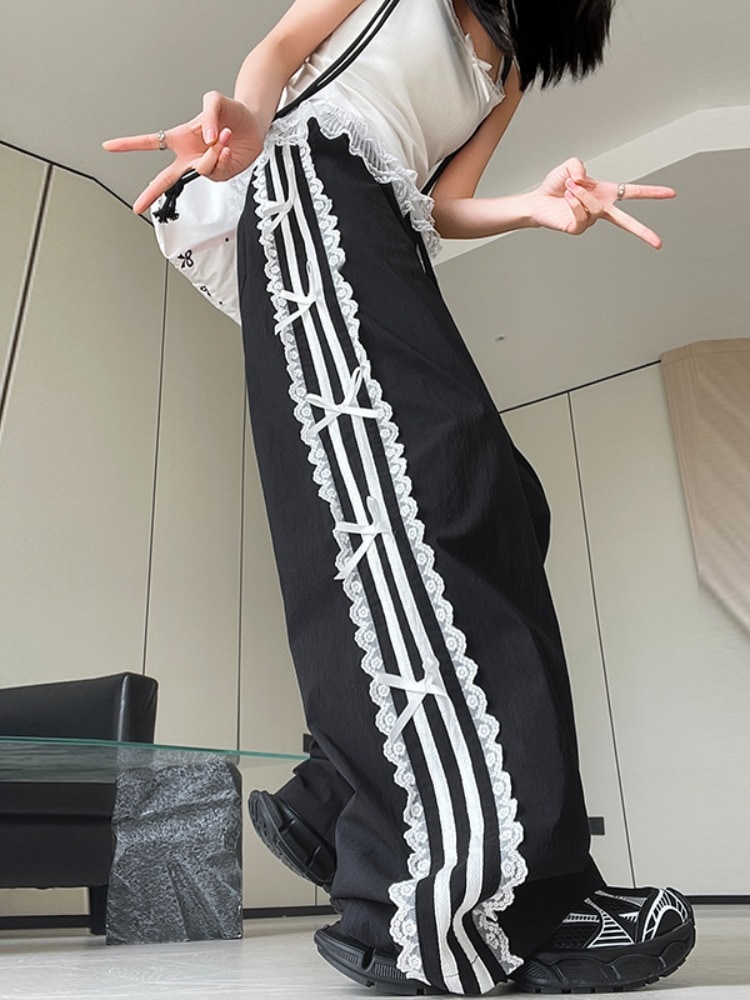 春夏 パンツロング丈ストレート ストライプウエストゴム ハイウエストゆったり 脚長効果美脚効果細見え春カジュアル 黒白韓国系ファッションレディースサイドお出かけおしゃれ かわいい衣装 トラック