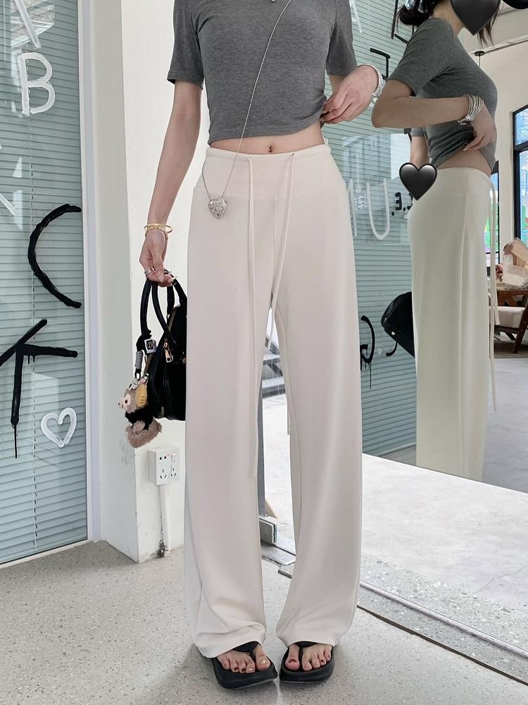 春夏 パンツロング丈 ハイウエストゆったりストレートモップパンツウエストゴム 脚長効果美脚効果細見え春カジュアル 黒白韓国系ファッションレディースサイドお出かけおしゃれ かわいい衣装トラック